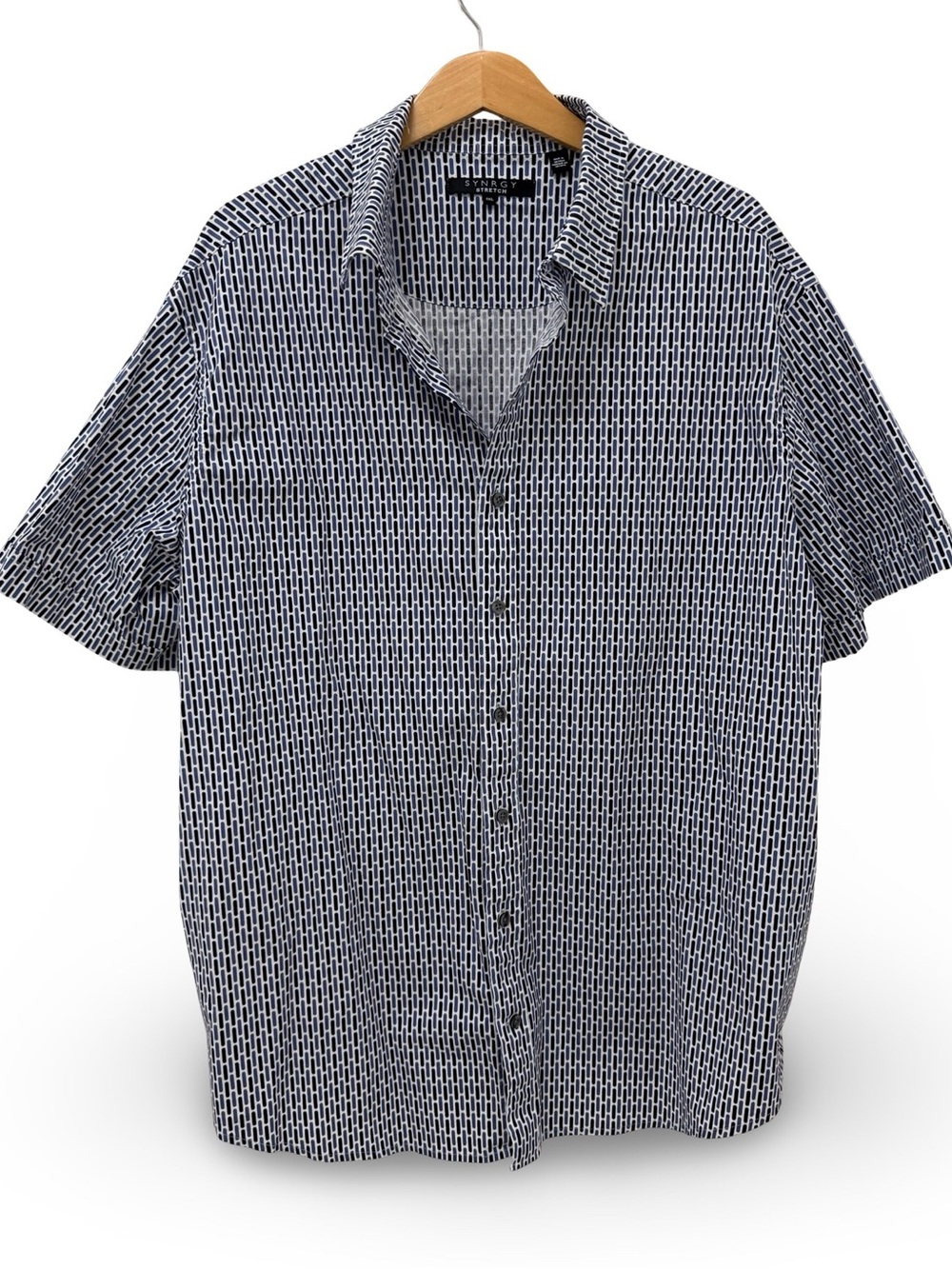 SYNRGY Shirt Mens Blue Geometric Short Sleeve Button Up Slim Fit Casual 1XL
